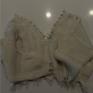 Zaful Cream V-Neck Ribbed Sweater